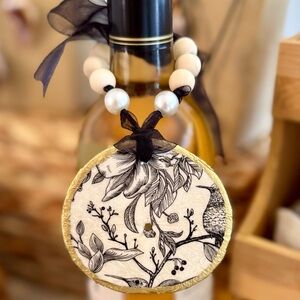 Natural Sand Dollar Decoupaged in Elegant Black and White Floral Wine Charm